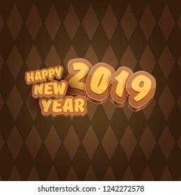 2019 Happy new year creative design background or greeting card with colorful numbers and greeting text. Happy new year label or icon isolated on tweed plaid check pattern texture background