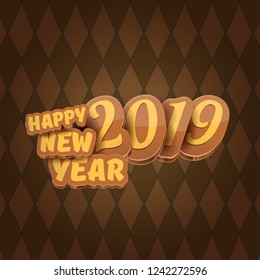2019 Happy new year creative design background or greeting card with colorful numbers and greeting text. Happy new year label or icon isolated on tweed plaid check pattern texture background