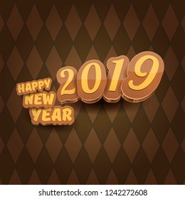 2019 Happy new year creative design background or greeting card with colorful numbers and greeting text. Happy new year label or icon isolated on tweed plaid check pattern texture background