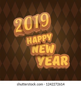 2019 Happy new year creative design background or greeting card with colorful numbers and greeting text. Happy new year label or icon isolated on tweed plaid check pattern texture background