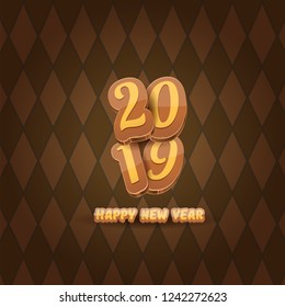 2019 Happy new year creative design background or greeting card with colorful numbers and greeting text. Happy new year label or icon isolated on tweed plaid check pattern texture background