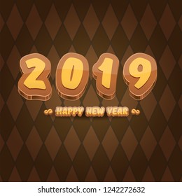 2019 Happy new year creative design background or greeting card with colorful numbers and greeting text. Happy new year label or icon isolated on tweed plaid check pattern texture background