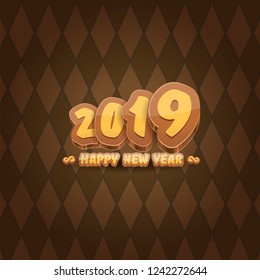 2019 Happy new year creative design background or greeting card with colorful numbers and greeting text. Happy new year label or icon isolated on tweed plaid check pattern texture background