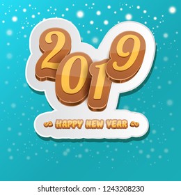 2019 Happy new year creative design background or greeting card with colorful numbers and greeting text. Happy new year label or icon isolated on azure background with falling snow and lights