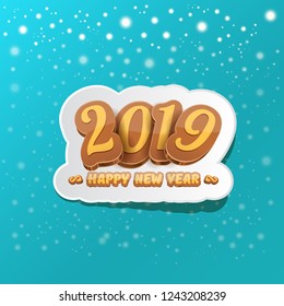 2019 Happy new year creative design background or greeting card with colorful numbers and greeting text. Happy new year label or icon isolated on azure background with falling snow and lights