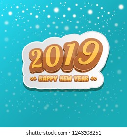 2019 Happy new year creative design background or greeting card with colorful numbers and greeting text. Happy new year label or icon isolated on azure background with falling snow and lights