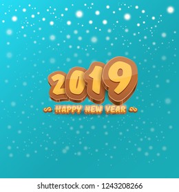 2019 Happy new year creative design background or greeting card with colorful numbers and greeting text. Happy new year label or icon isolated on azure background with falling snow and lights