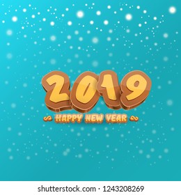 2019 Happy new year creative design background or greeting card with colorful numbers and greeting text. Happy new year label or icon isolated on azure background with falling snow and lights
