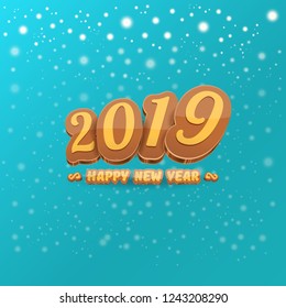 2019 Happy new year creative design background or greeting card with colorful numbers and greeting text. Happy new year label or icon isolated on azure background with falling snow and lights