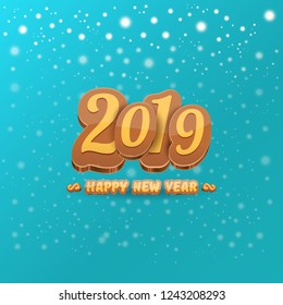 2019 Happy new year creative design background or greeting card with colorful numbers and greeting text. Happy new year label or icon isolated on azure background with falling snow and lights