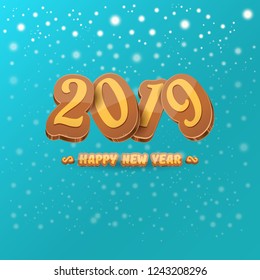 2019 Happy new year creative design background or greeting card with colorful numbers and greeting text. Happy new year label or icon isolated on azure background with falling snow and lights