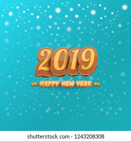 2019 Happy new year creative design background or greeting card with colorful numbers and greeting text. Happy new year label or icon isolated on azure background with falling snow and lights