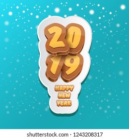 2019 Happy new year creative design background or greeting card with colorful numbers and greeting text. Happy new year label or icon isolated on azure background with falling snow and lights