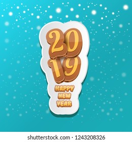 2019 Happy new year creative design background or greeting card with colorful numbers and greeting text. Happy new year label or icon isolated on azure background with falling snow and lights