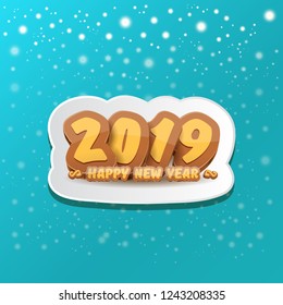 2019 Happy new year creative design background or greeting card with colorful numbers and greeting text. Happy new year label or icon isolated on azure background with falling snow and lights