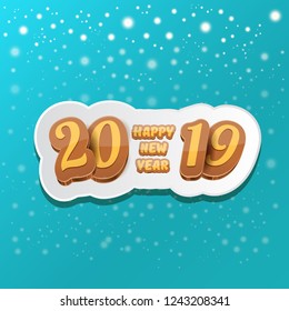 2019 Happy new year creative design background or greeting card with colorful numbers and greeting text. Happy new year label or icon isolated on azure background with falling snow and lights