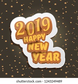 2019 Happy new year creative design background or greeting card with colorful numbers and greeting text. Happy new year label or icon isolated on night sky background with stars