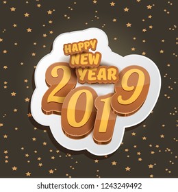 2019 Happy new year creative design background or greeting card with colorful numbers and greeting text. Happy new year label or icon isolated on night sky background with stars