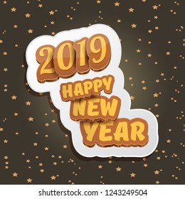 2019 Happy new year creative design background or greeting card with colorful numbers and greeting text. Happy new year label or icon isolated on night sky background with stars