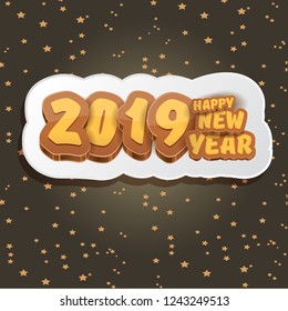 2019 Happy new year creative design background or greeting card with colorful numbers and greeting text. Happy new year label or icon isolated on night sky background with stars