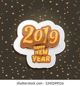 2019 Happy new year creative design background or greeting card with colorful numbers and greeting text. Happy new year label or icon isolated on night sky background with stars