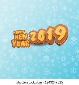 2019 Happy new year creative design background or greeting card with colorful numbers and greeting text. Happy new year label or icon isolated on blue sky background with falling snowflakes