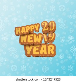 2019 Happy new year creative design background or greeting card with colorful numbers and greeting text. Happy new year label or icon isolated on blue sky background with falling snowflakes