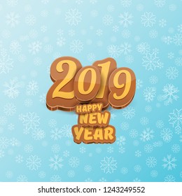 2019 Happy new year creative design background or greeting card with colorful numbers and greeting text. Happy new year label or icon isolated on blue sky background with falling snowflakes