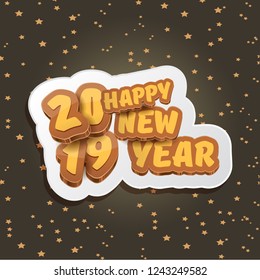 2019 Happy new year creative design background or greeting card with colorful numbers and greeting text. Happy new year label or icon isolated on night sky background with stars