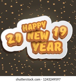 2019 Happy new year creative design background or greeting card with colorful numbers and greeting text. Happy new year label or icon isolated on night sky background with stars