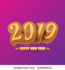 2019 Happy new year creative design background or greeting card with colorful numbers and greeting text. Happy new year label or icon isolated on ultra violet background
