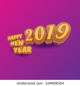 2019 Happy new year creative design background or greeting card with colorful numbers and greeting text. Happy new year label or icon isolated on ultra violet background