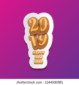 2019 Happy new year creative design background or greeting card with colorful numbers and greeting text. Happy new year label or icon isolated on ultra violet background