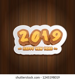 2019 Happy new year creative design background or greeting card with colorful numbers and greeting text. Happy new year label or icon isolated on wooden background