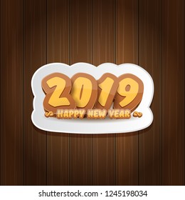 2019 Happy new year creative design background or greeting card with colorful numbers and greeting text. Happy new year label or icon isolated on wooden background