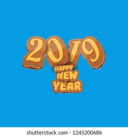 2019 Happy new year creative design background or greeting card with colorful numbers and greeting text. Happy new year label or icon isolated on blue background