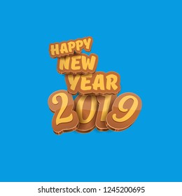 2019 Happy new year creative design background or greeting card with colorful numbers and greeting text. Happy new year label or icon isolated on blue background