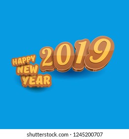 2019 Happy new year creative design background or greeting card with colorful numbers and greeting text. Happy new year label or icon isolated on blue background