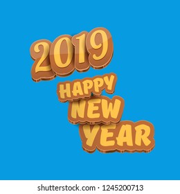 2019 Happy new year creative design background or greeting card with colorful numbers and greeting text. Happy new year label or icon isolated on blue background