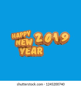 2019 Happy new year creative design background or greeting card with colorful numbers and greeting text. Happy new year label or icon isolated on blue background