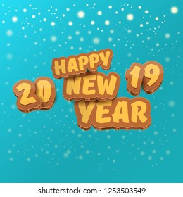 2019 Happy new year creative design background or greeting card with colorful numbers and greeting text. Happy new year label or icon isolated on azure background with snowflakes