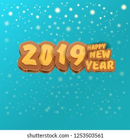 2019 Happy new year creative design background or greeting card with colorful numbers and greeting text. Happy new year label or icon isolated on azure background with snowflakes