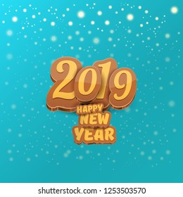 2019 Happy new year creative design background or greeting card with colorful numbers and greeting text. Happy new year label or icon isolated on azure background with snowflakes