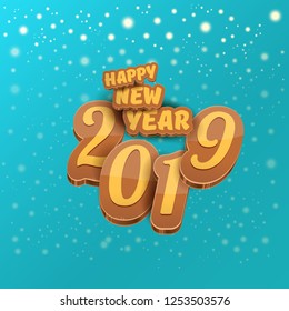2019 Happy new year creative design background or greeting card with colorful numbers and greeting text. Happy new year label or icon isolated on azure background with snowflakes