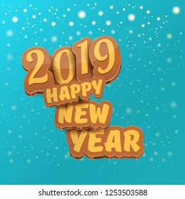 2019 Happy new year creative design background or greeting card with colorful numbers and greeting text. Happy new year label or icon isolated on azure background with snowflakes