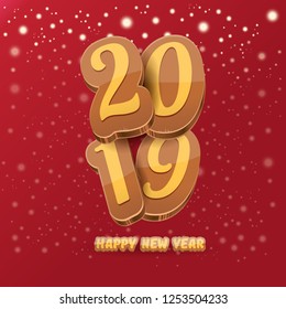 2019 Happy new year creative design background or greeting card with colorful numbers and greeting text. Happy new year label or icon isolated on red background
