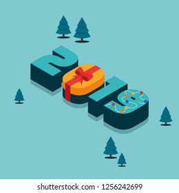 2019 Happy New Year. Creative Greeting Card with inscription Happy New Year and Geometric Isometric Numbers 2019.  Hipster Color Vector Illustration. Holiday Poster Design.