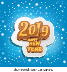 2019 Happy new year creative design background or greeting card with colorful numbers and greeting text. Happy new year label or icon isolated on blue background with snowflakes