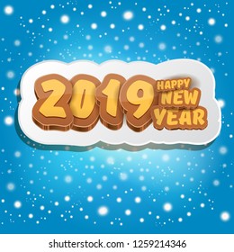 2019 Happy new year creative design background or greeting card with colorful numbers and greeting text. Happy new year label or icon isolated on blue background with snowflakes