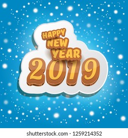 2019 Happy new year creative design background or greeting card with colorful numbers and greeting text. Happy new year label or icon isolated on blue background with snowflakes